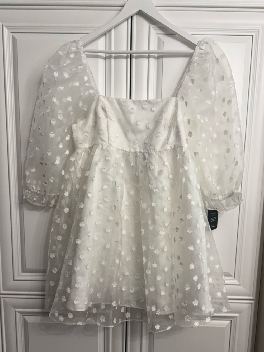 NWT Lulu's Sz Large Effervescent Charm White Organza Floral Babydoll Mini Dress